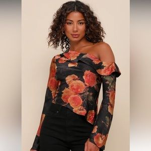 Black Floral off the shoulder satin top